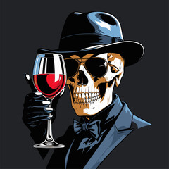 Vector illustration of a skull wearing a suit and hat carrying a glass of wine