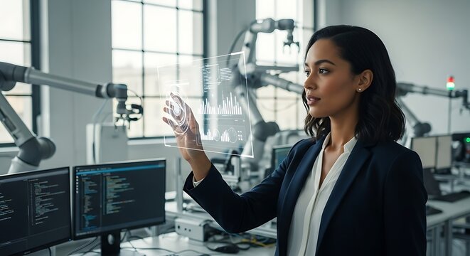 Future tech woman interacting with holographic data display in modern AI/robotics lab. Innovation, engineering, data analysis, smart factory concepts. - Powered by Adobe