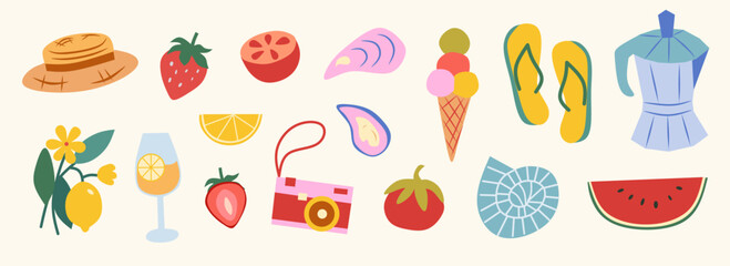 Set of summer stickers. Icons for tropical vacation. Seasonal elements collection. Fruits, ice cream, lemon, hat, shell, coffee, strawberry, tomato, juice, cocktails, watermelon, beach accessories.