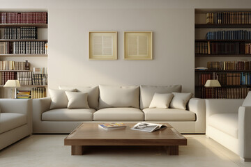 Modern Living Room with Bookshelves and Neutral Decor