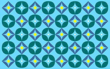 seamless geometric pattern with flowers. An Indonesian ethnic batik style with geometric patterns in a bright blue, green, and yellow color palette. Floral background design art 