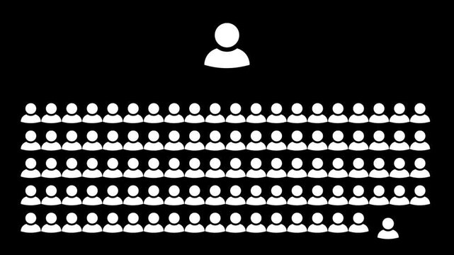A concept of leadership, a leader with 100 person icon below, black background color 4K resolution video