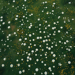 An aerial view of a vibrant green field filled with scattered white and yellow flowers.