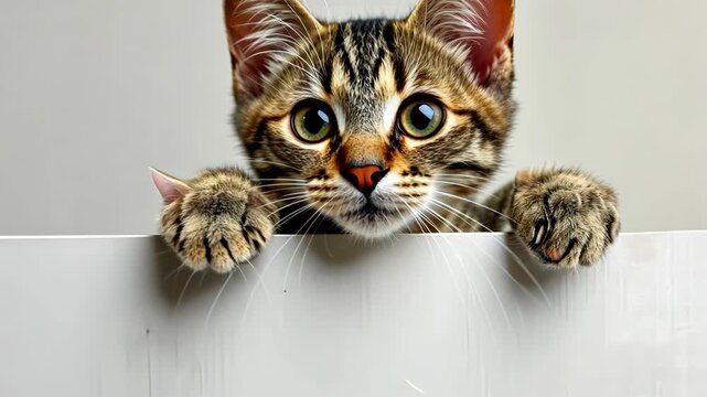A playful kitten shows curiosity, climbing and peeking over a white surface, engaging with its environment in a charming way