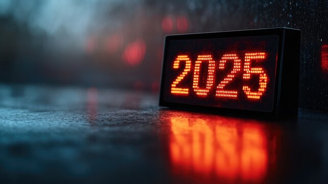 Red number “2025” illuminated on a black digital electronic alarm clock screen, LED light display evokes a modern, minimal look, New Year countdown themes, holiday celebration designs. - Powered by Adobe
