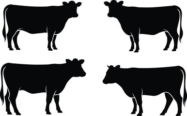 Black cow silhouette set, farm livestock vector icons, cattle animal shapes, dairy and beef cattle illustrations, simple agricultural design elements