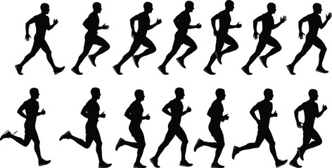 Running motion silhouette set, human movement vector, athletic pose sequence, biomechanics graphic collection, black design, dynamic runner cycle