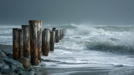 Choppy waves roll in as storm clouds gather over a shoreline, with weathered wooden posts jutting out from the sandy beach at early morning light