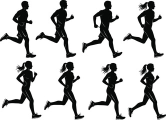 Running silhouettes, male and female, athletic motion, profile view, dynamic stride, sports pose, black outline, fitness vector
