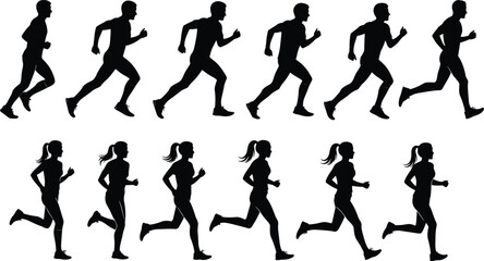 Running silhouettes, male and female, stride cycle, motion sequence, athletic biomechanics, black outline, fitness vector, animation reference