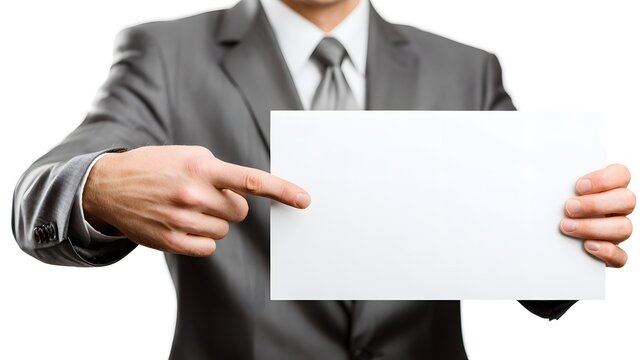 A businessman in a gray suit holding a blank paper, a clean canvas for your message. He's pointing towards it, ready for your input.