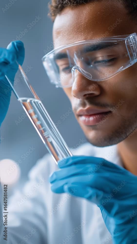 Poster scientist conducts an experiment in a laboratory while analyzing liquid in a test tube