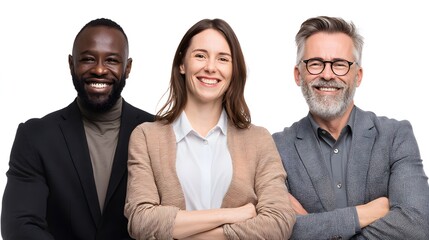 A diverse group of three professionals is posing and smiling confidently at the camera. Their outfits are smart casual attire