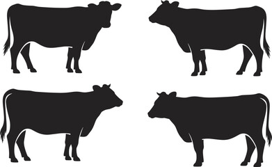 Black cow silhouette set, farm animal vector collection, cattle icons, livestock graphics, minimalist cow shapes for agricultural and farming design projects