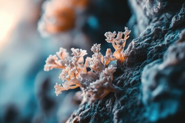 Close-up of delicate, frost-covered plant life clinging to a textured rock surface.