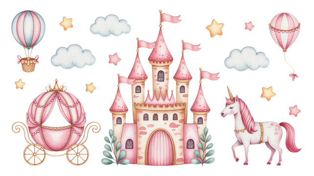 Watercolor castle carriage unicorn balloons and stars on black backdrop