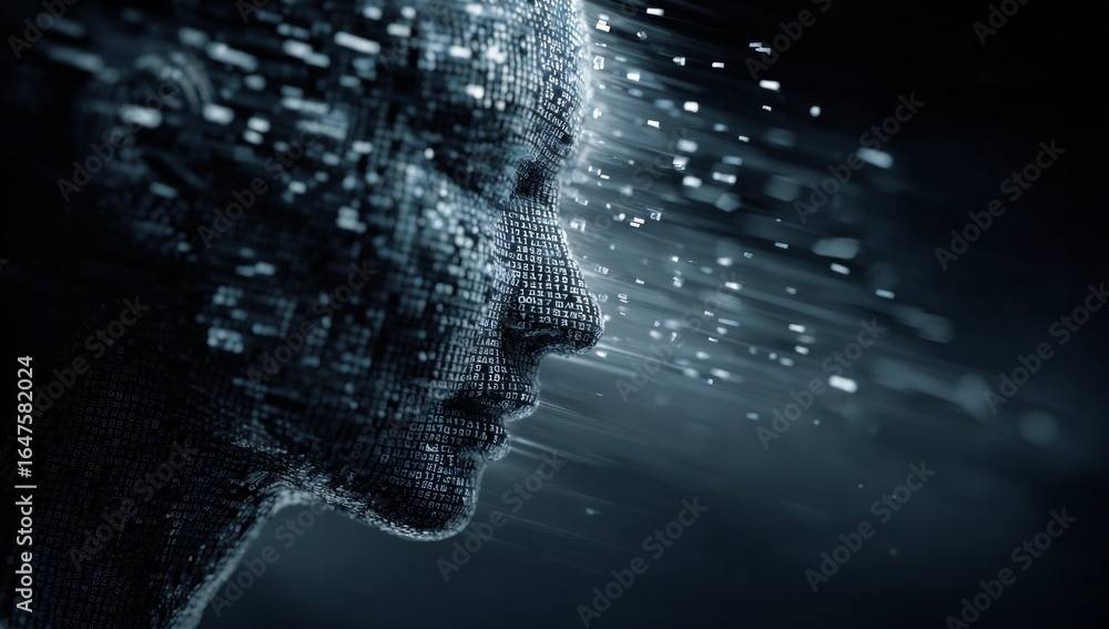 Poster a face made of computer code is shown in a black background