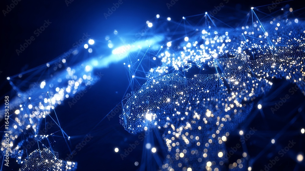 Aufkleber digital illustration of a glowing world map with interconnected lines and bright nodes, representing