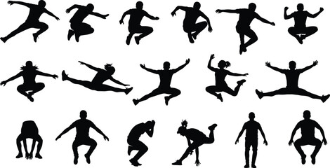 Silhouette of people jumping, dynamic poses, mid-air movement, black vector art, energetic action, dance, celebration, freedom, motion, leap