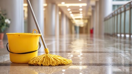A yellow mop and bucket sit on a shiny wet floor in a modern corridor of a commercial building. Bright lights illuminate the clean surroundings as maintenance occurs