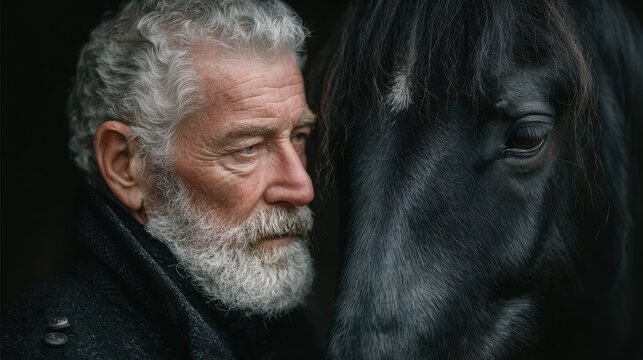 Mature man with a beard embraces a black horse in a serene indoor setting at dusk - Powered by Adobe