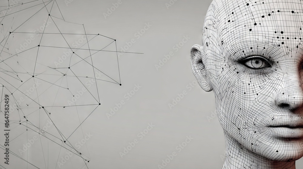 Poster 3d illustration of a futuristic humanoid figure with a wireframe design, showcasing intricate geomet