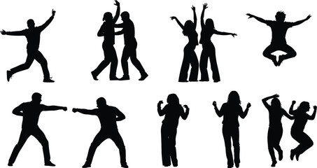 Silhouettes of people in action poses, jumping, running, fighting stance, expressive gestures, dynamic movement, black outline illustration