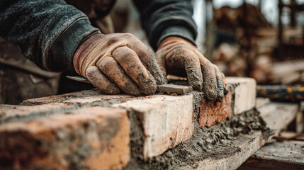 Brick laying craftsmanship highlights skilled hands in action at a construction site with rustic charm