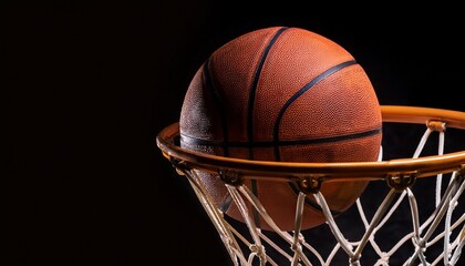 basketball going through the basket on black backgorund