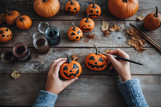 Top-down view of hands painting spooky faces on mini pumpkins for Halloween DIY, creative autumn setting.