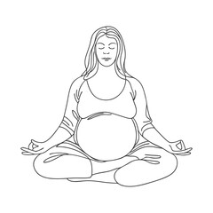 Pregnant woman sitting in lotus position and meditating. Sketch, line art illustration.