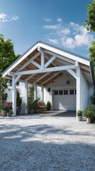 Modern carport design with wooden beams and potted plants in a sunny residential area