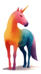 Colorful unicorn standing majestically against a white background, showcasing vibrant watercolor artistry and enchanting design elements