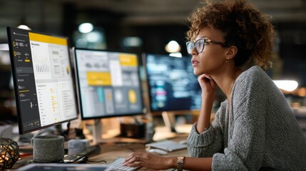 A woman is sitting at a desk with two computer monitors in front of her