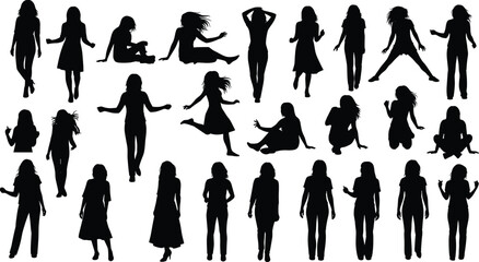 Silhouettes of person in various poses, standing, sitting, jumping, arm gestures, black outline, body movement illustration
