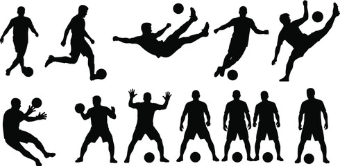 Silhouettes of soccer players in dynamic action, perfect for sports design, football illustration, athletic movement, competitive game, ball control