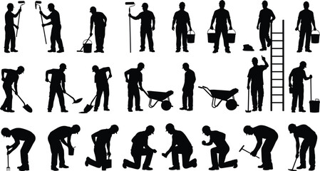 Construction worker silhouettes, maintenance tasks, manual labor poses, tool usage, ladder climbing, sweeping action, black and white, industrial icon, job site figures, occupational safety, work post
