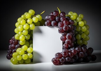 Fresh green and red grapes surrounding a blank white square