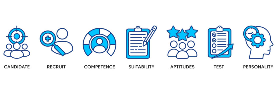 Assessment center icon set vector illustration concept relate to  personal audit of human resources with icon of user candidate, recruit, competence, suitability, aptitudes, test and personality