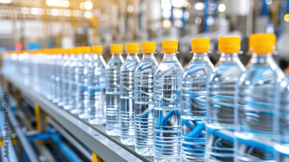 Poster explore the process of bottled water production, highlighting the efficient assembly line and qualit