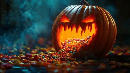Glowing jacko'lantern spills colorful candy in dynamic halloween scene - Powered by Adobe