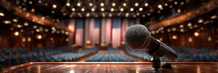 Podium with microphone in front of empty congressional chamber before an important session or speech