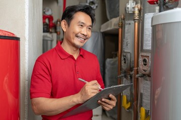 A man in a red shirt is writing on a clipboard