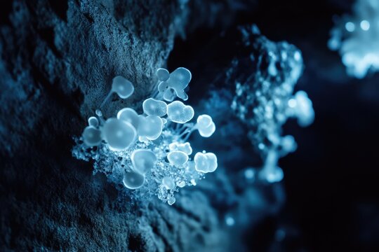 Close-up of bioluminescent fungi cluster glowing in dark cave, intricate details visible. - Powered by Adobe