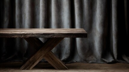 A wood table with a curtain backdrop diffused lighting and sharp focus  long title A simple rustic wood table standing in front of a draped curtain