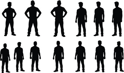 Standing silhouettes, human posture, hands on hips, relaxed stance, body language, black outline, gesture study, pose reference, vector people
