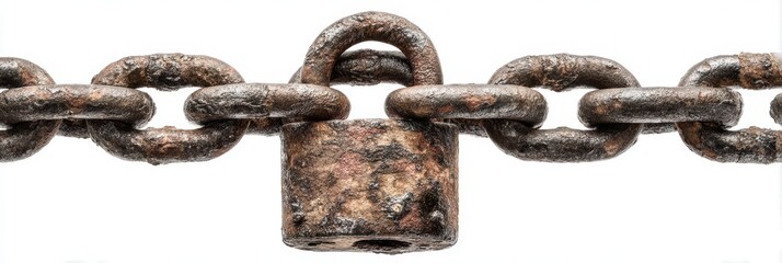 Rusty padlock securing old chain highlighting strength and durability in worn metal art