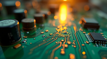 Close-up view of an illuminated electronic circuit board with connected cables and glowing indicators, representing advanced technology, engineering, and digital innovation.