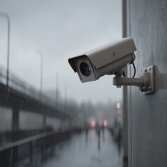 A camera is mounted on a wall, capturing the rain-soaked street below