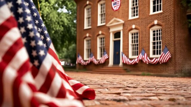 An American flag at a historic home evokes patriotism and Americana.